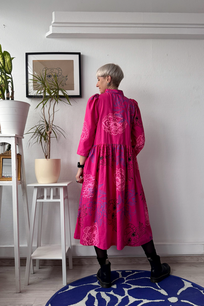 Size S and L Puff Shoulder Bright Magenta Pink Button Up Shirt Dress in Linen Blend Fabric with Handprinted Original drawings