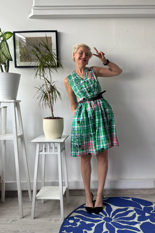 Bright Green Checked Cotton Pinafore Mini Dress with buttons and pockets and handprinted Original Drawings