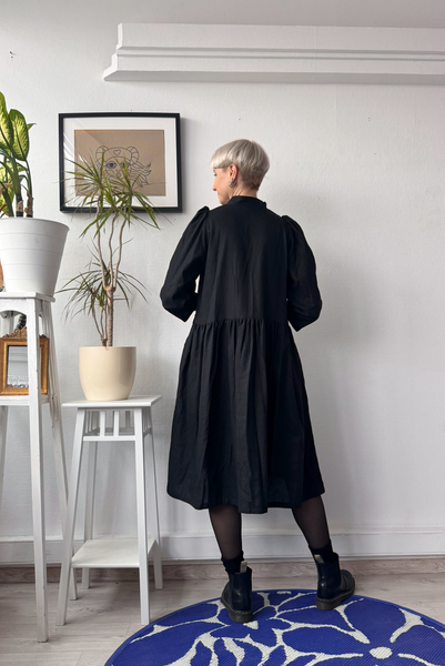 Size L Puff Shoulder Button Up Shirt Dress in Black Linen Blend Fabric in  MINI/MIDI