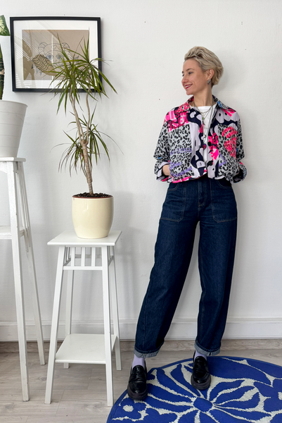 Patterned Cropped Statement Jacket with Handprinted Original drawings and Feminism is Unisex statement in size M