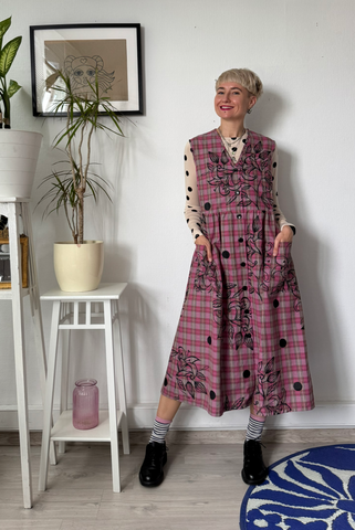 Sample Sale size M Pink Tartan Cotton Pinafore Dress with Original Hand Made Print