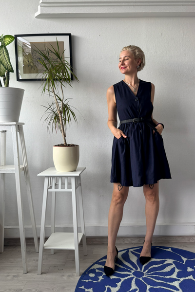 Dark Blue Linen Blend Pinafore Mini Dress with buttons and pockets