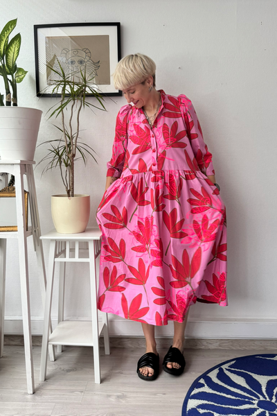 Size S Puff Shoulder One of A Kind Pink Patterned Button Up Shirt Dress in Cotton Fabric