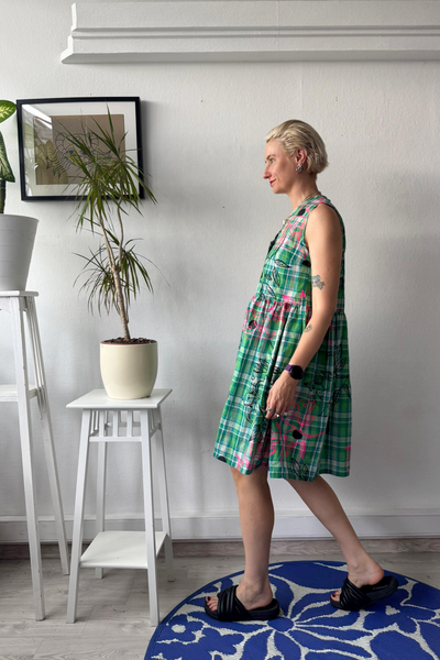 Bright Green Checked Cotton Pinafore Mini Dress with buttons and pockets and handprinted Original Drawings
