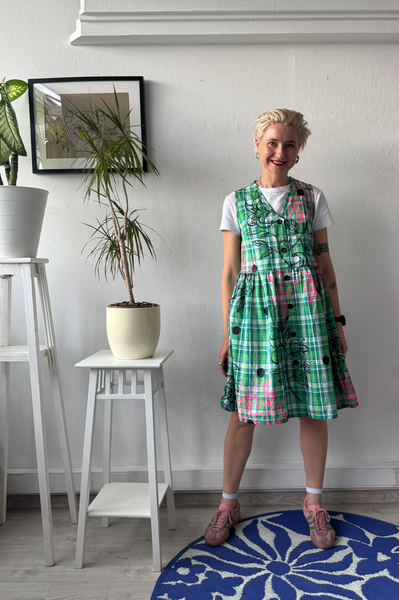 Bright Green Checked Cotton Pinafore Mini Dress with buttons and pockets and handprinted Original Drawings