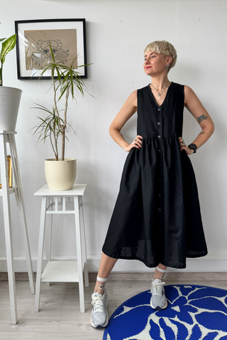 Black Cotton Midi Pinafore Dress with buttons and pockets