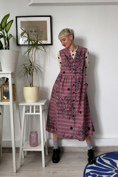 Sample Sale size M Pink Tartan Cotton Pinafore Dress with Original Hand Made Print