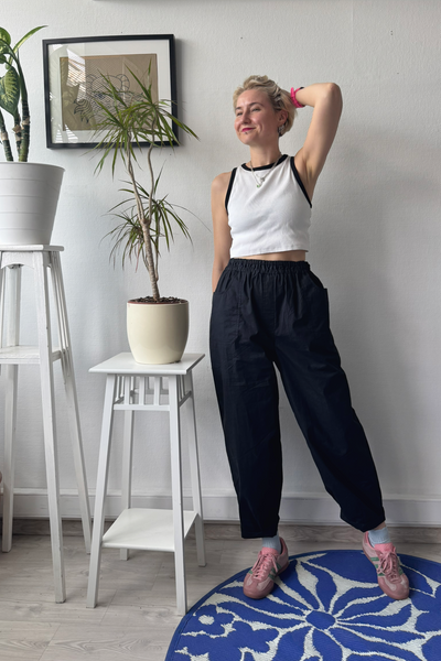 Black Cotton Wide Barrel Leg Statement  Pants in full Length with Sew On Side and Back Pockets