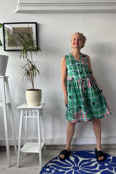 Bright Green Checked Cotton Pinafore Mini Dress with buttons and pockets and handprinted Original Drawings
