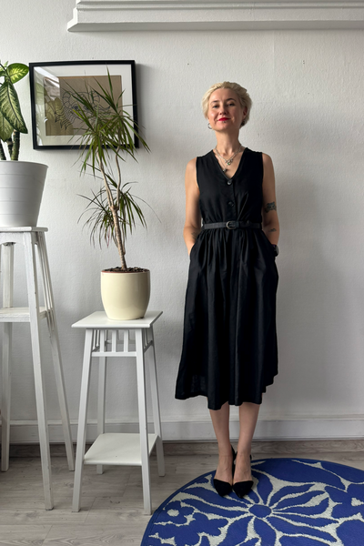 Black Cotton Midi Pinafore Dress with buttons and pockets
