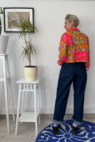 Orange Floral Cropped Statement Jacket with Handprinted Feminism is Unisex statement in size S Last piece