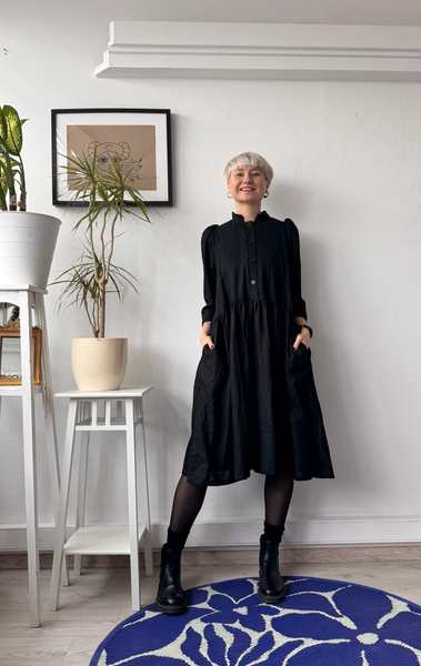 Size L Puff Shoulder Button Up Shirt Dress in Black Linen Blend Fabric in  MINI/MIDI