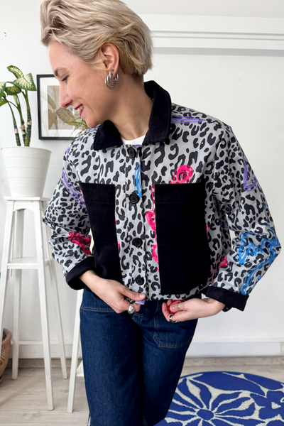 Patterned Cropped Statement Jacket with Handprinted Original drawings and Corduroy details in size S and XS