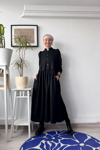 Size L Puff Shoulder Button Up Shirt Dress in Black Linen Blend Fabric in long MIDI/MAXI length