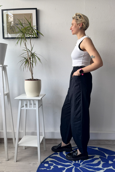 Black Cotton Wide Barrel Leg Statement  Pants in full Length with Sew On Side and Back Pockets