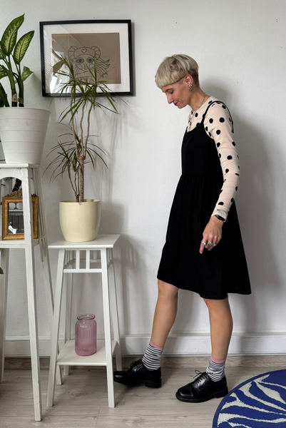 Sample Sale size XS/S Black Linen Blend Pinafore Dress on Spagetti straps