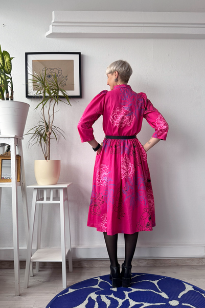 Size S and L Puff Shoulder Bright Magenta Pink Button Up Shirt Dress in Linen Blend Fabric with Handprinted Original drawings