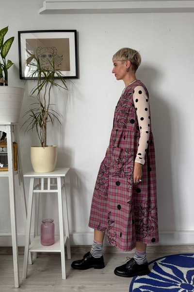 Sample Sale size M Pink Tartan Cotton Pinafore Dress with Original Hand Made Print