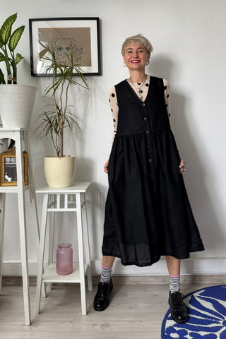 Black Linen Blend Pinafore Dress with buttons and pockets