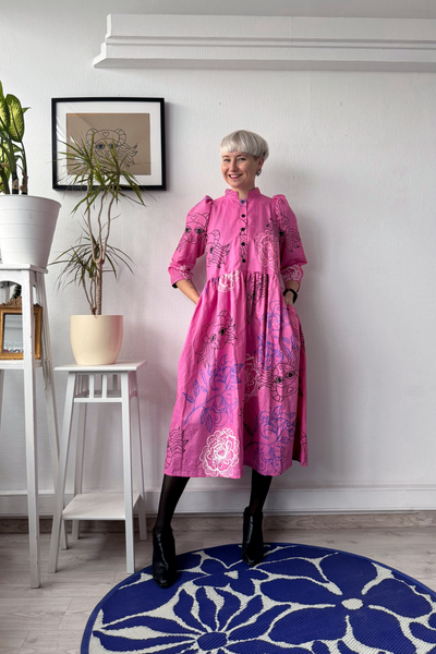 Size M Puff Shoulder One of A Kind Bright Light Pink Button Up Shirt Dress in Linen Blend Fabric with Handprinted Original drawings