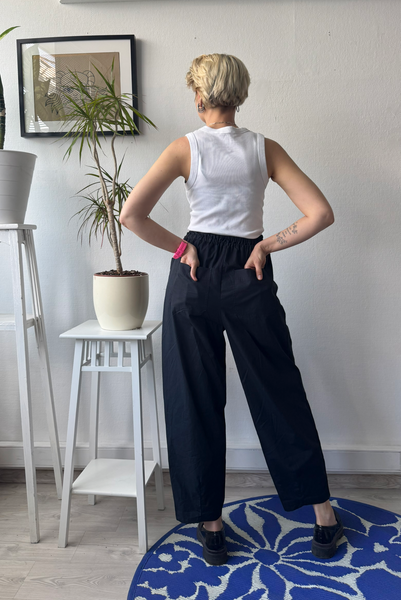 Black Cotton Wide Barrel Leg Statement  Pants in full Length with Sew On Side and Back Pockets