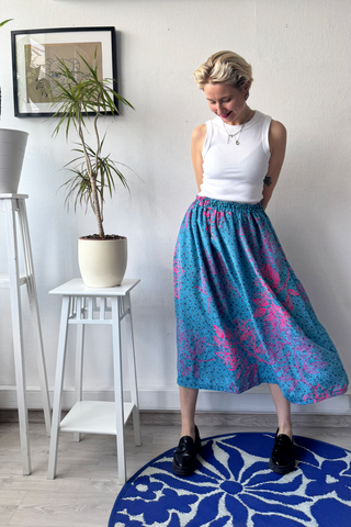 Colorful, Bright Patterned Print One Size Fits Many Blue Skirt and Pink Handprinted Pattern with Pockets in Silk- A Minimalist Dream