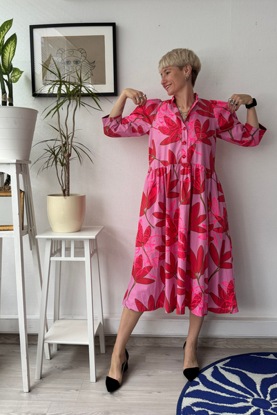 Size S Puff Shoulder One of A Kind Pink Patterned Button Up Shirt Dress in Cotton Fabric