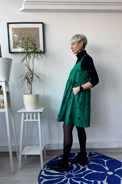 One of a Kind Size M Green Linen Blend Pinafore Dress with Handprinted Original Drawings on Spagetti straps
