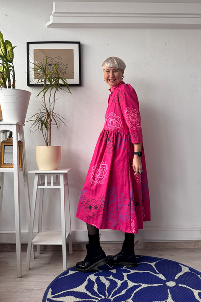 Size S and L Puff Shoulder Bright Magenta Pink Button Up Shirt Dress in Linen Blend Fabric with Handprinted Original drawings