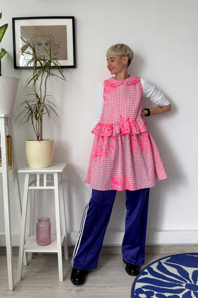 Doll Dress in Light Pink Gingham Cotton with Handrpinted drawings perfect for layering all seasons