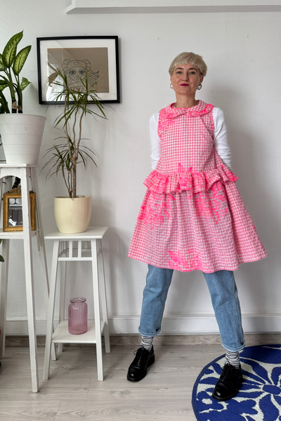 Doll Dress in Light Pink Gingham Cotton with Handrpinted drawings perfect for layering all seasons