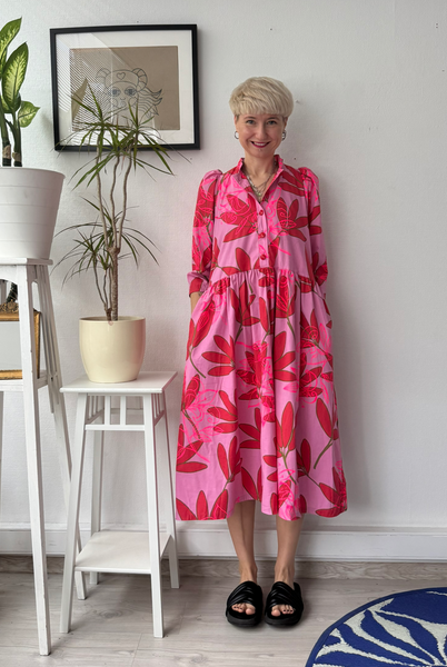 Size S Puff Shoulder One of A Kind Pink Patterned Button Up Shirt Dress in Cotton Fabric