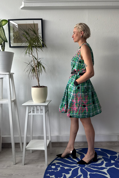 Bright Green Checked Cotton Pinafore Mini Dress with buttons and pockets and handprinted Original Drawings