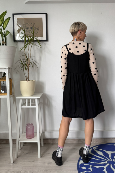 Sample Sale size XS/S Black Linen Blend Pinafore Dress on Spagetti straps