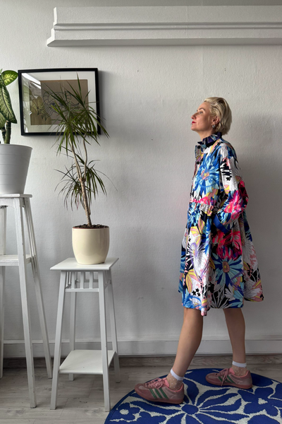 Size M Colorful Floral 100% Linen Oversized Mini Shirt Dress with Bright Pink and Purple Handprinted Original drawings on top if original Floral fabric