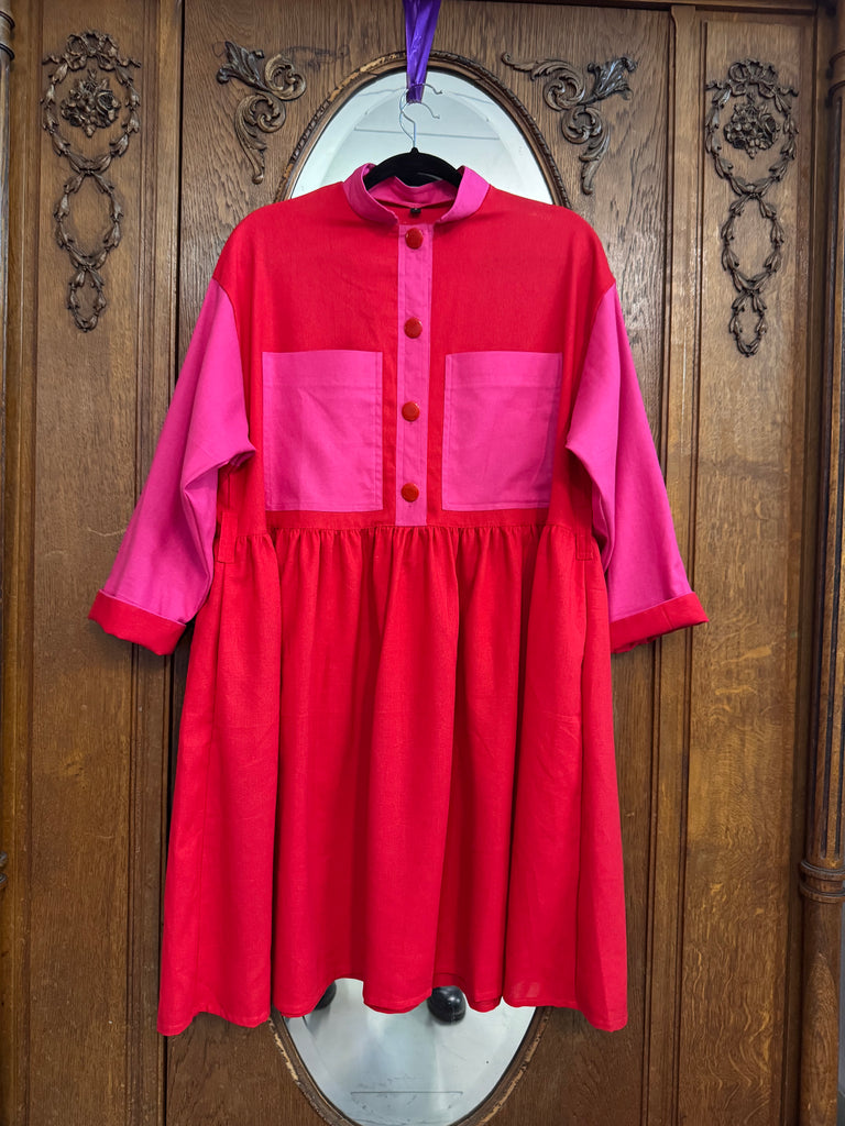 Size S Color Block Pink and Red Linen Blend Oversized Mini Shirt Dress