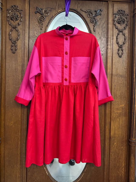 Size S Color Block Pink and Red Linen Blend Oversized Mini Shirt Dress