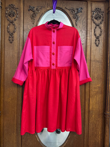 Size S Color Block Pink and Red Linen Blend Oversized Mini Shirt Dress