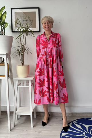 Size S Puff Shoulder One of A Kind Pink Patterned Button Up Shirt Dress in Cotton Fabric