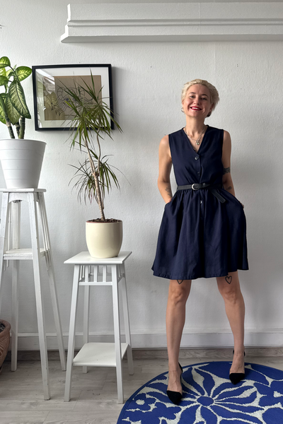 Dark Blue Linen Blend Pinafore Mini Dress with buttons and pockets