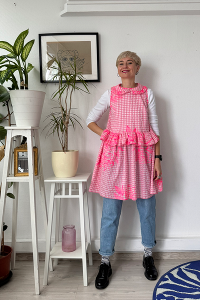 Doll Dress in Light Pink Gingham Cotton with Handrpinted drawings perfect for layering all seasons