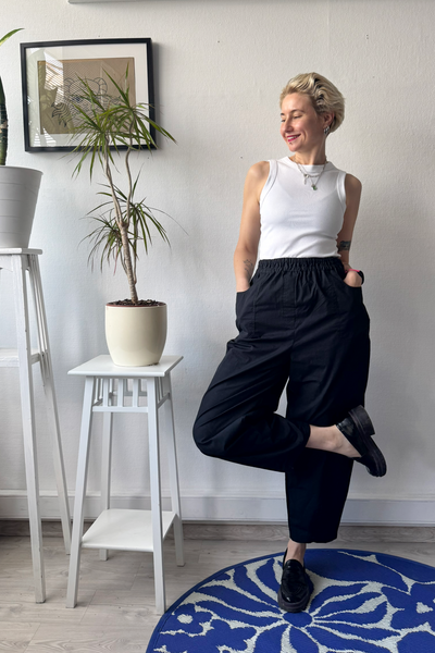 Black Cotton Wide Barrel Leg Statement  Pants in full Length with Sew On Side and Back Pockets