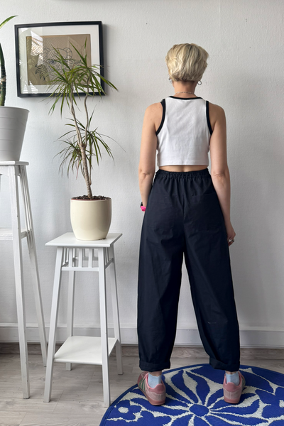 Black Cotton Wide Barrel Leg Statement  Pants in full Length with Sew On Side and Back Pockets
