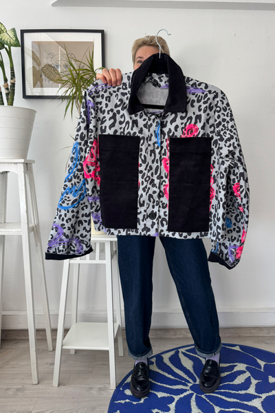 Patterned Cropped Statement Jacket with Handprinted Original drawings and Corduroy details in size S and XS