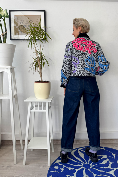 Patterned Cropped Statement Jacket with Handprinted Original drawings and Corduroy details in size S and XS