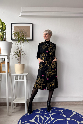 One of a kind Size M A line V neck Button up dress in Linen Blend and Handprinted original designs in Gold and Pink