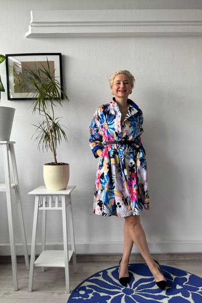 Size M Colorful Floral 100% Linen Oversized Mini Shirt Dress with Bright Pink and Purple Handprinted Original drawings on top if original Floral fabric