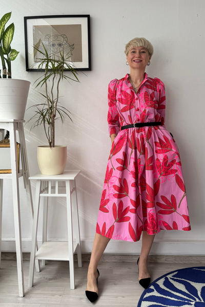 Size S Puff Shoulder One of A Kind Pink Patterned Button Up Shirt Dress in Cotton Fabric