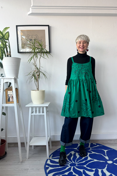 One of a Kind Size M Green Linen Blend Pinafore Dress with Handprinted Original Drawings on Spagetti straps