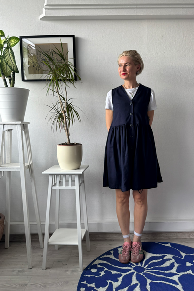 Dark Blue Linen Blend Pinafore Mini Dress with buttons and pockets